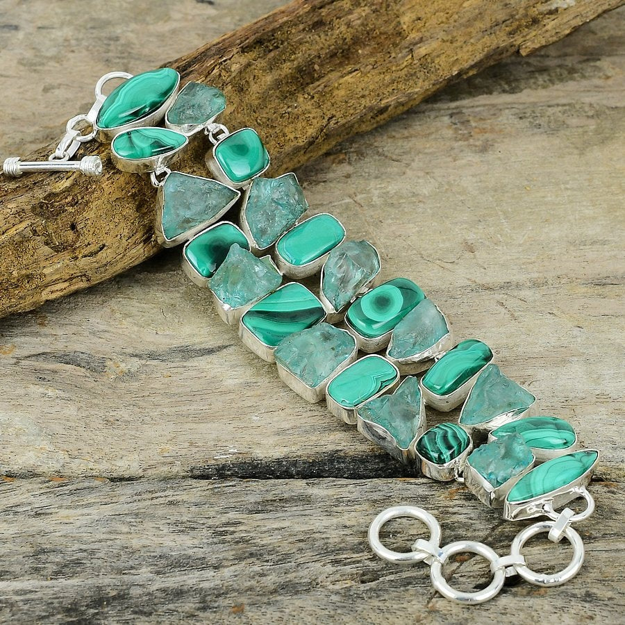 Aquamarine Rough Malachite Gemstone Silver Plated Bracelet, Adjustable Chain Bracelet, Healing Stone Jewelry, Boho Jewelry