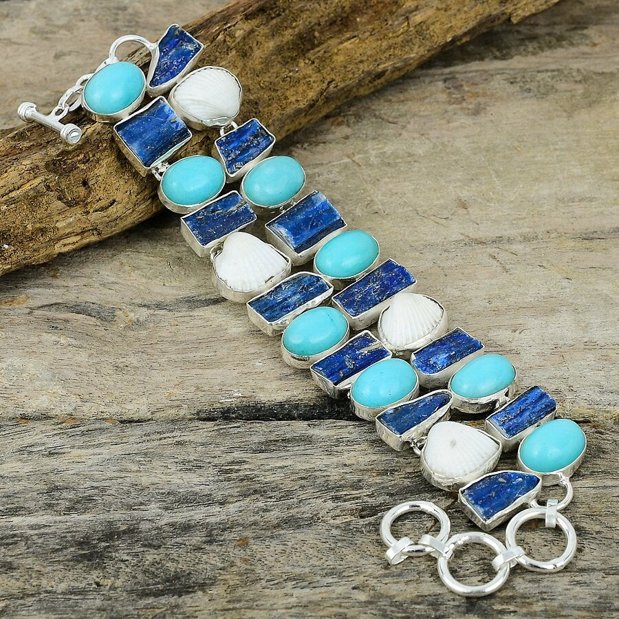 Blue Kyanite Rough Sleeping Turquoise & Oyster Shell Bracelet Silver Plated Gemstone Handmade Adjustable Chain Bracelet Jewelry