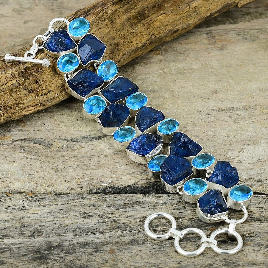 Blue Kyanite Rough Topaz Bracelet Silver Plated Gemstone Handmade Jewelry Adjustable Chain Healing Stone Bracelet Gift For Her