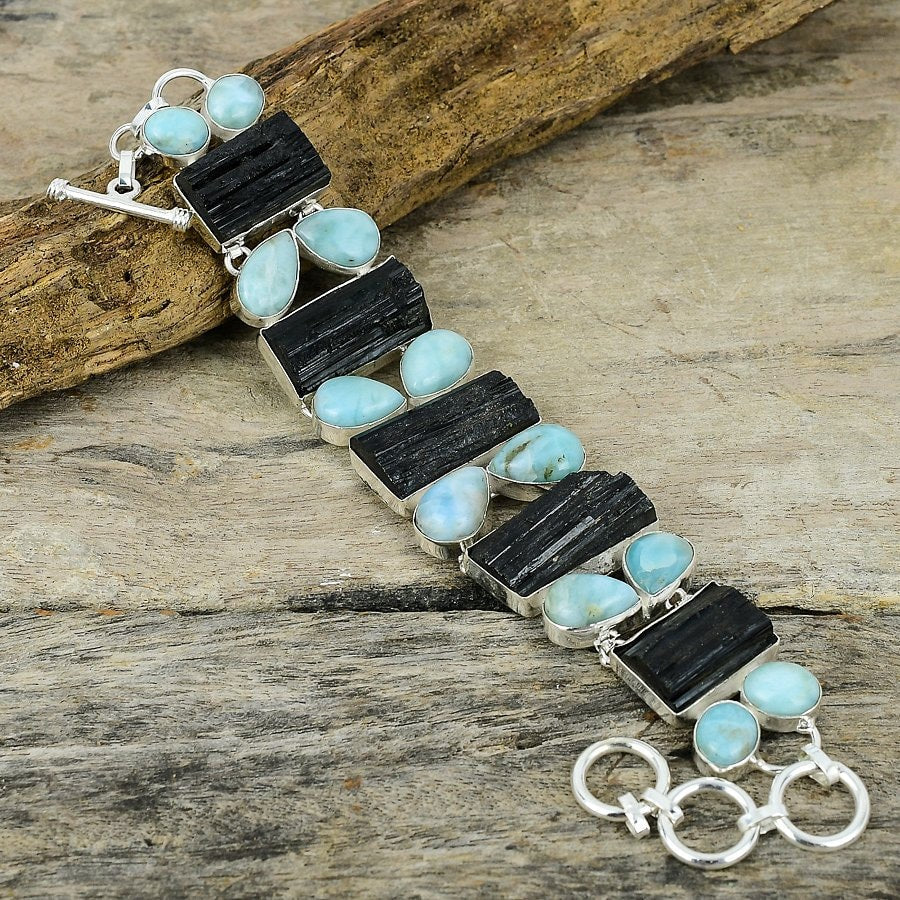 Black Tourmaline Rough Larimar Gemstone Silver Plated Bracelet, Handmade Adjustable Chain Bracelet, Healing Stone Bracelet Jewelry Gift