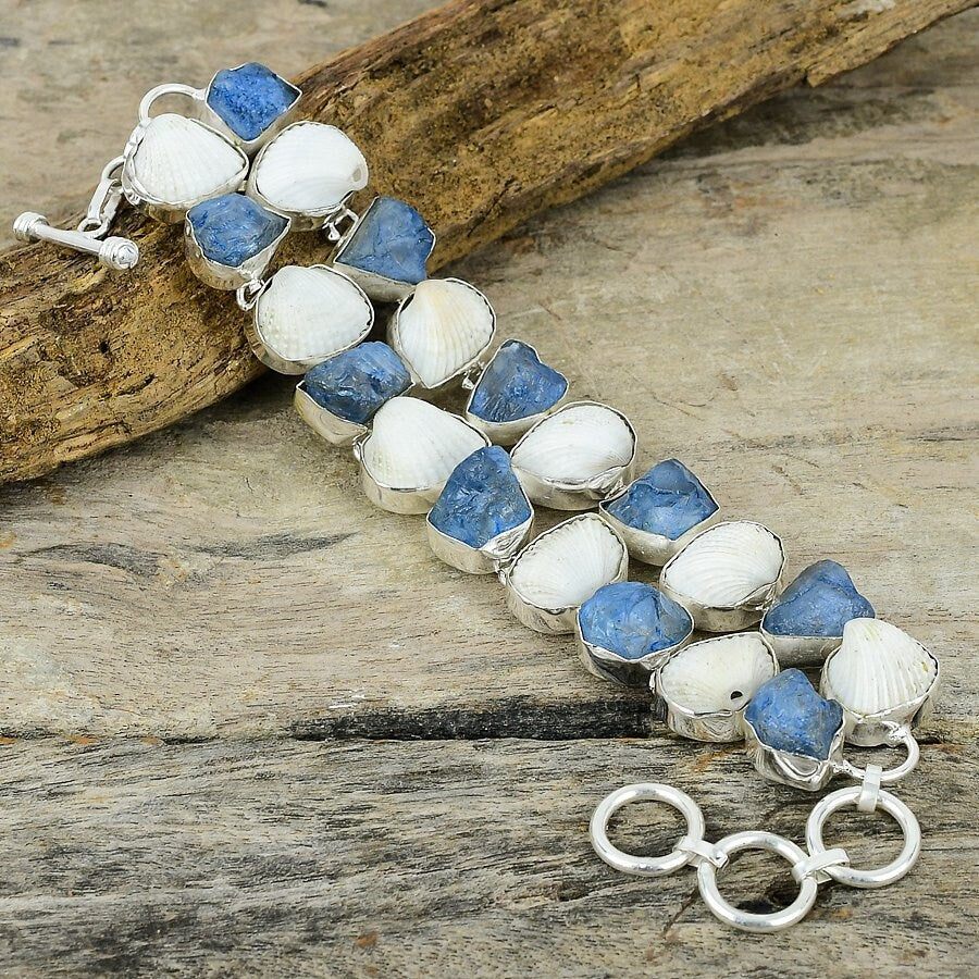 Blue Kyanite Rough White Oyster Shell Bracelet Silver Plated Gemstone Handmade Jewelry Adjustable Chain Bracelet Women Gift Jewelry