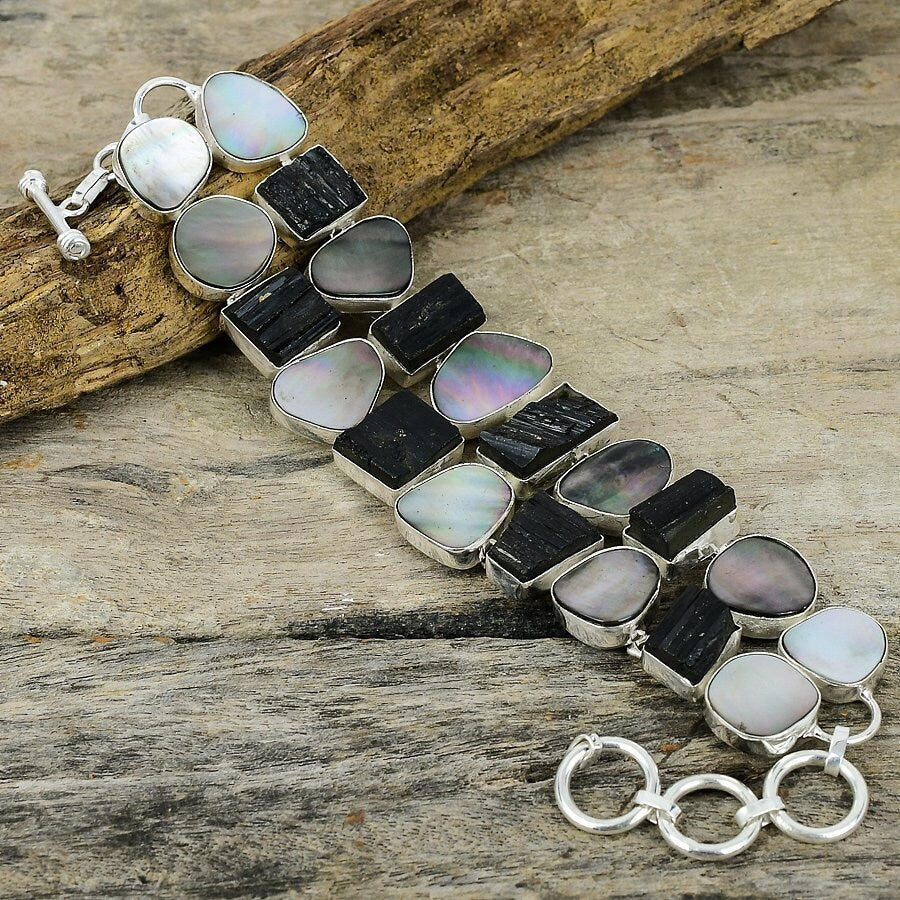 Black Tourmaline Rough Mother of Pearl Gemstone Silver Plated Bracelet Handmade Jewelry Adjustable Chain Bohemian Jewelry, Gift for Him