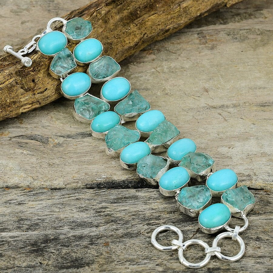 Aquamarine Rough & Sleeping Turquoise Gemstone Silver Plated Bracelet Jewelry Handmade Adjustable Chain Blue Stone Bracelet Jewelry