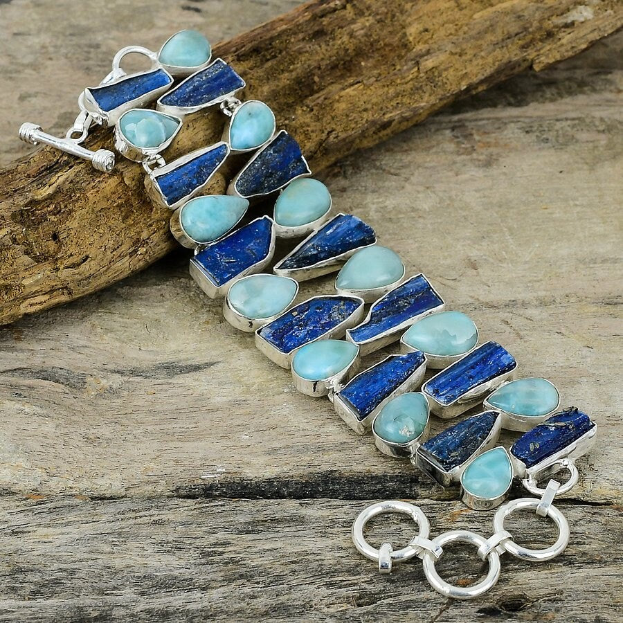 Blue Kyanite Rough & Larimar Gemstone Silver Plated Handmade Bracelet Jewelry Adjustable Chain Bracelet, Wedding Gift Jewelry