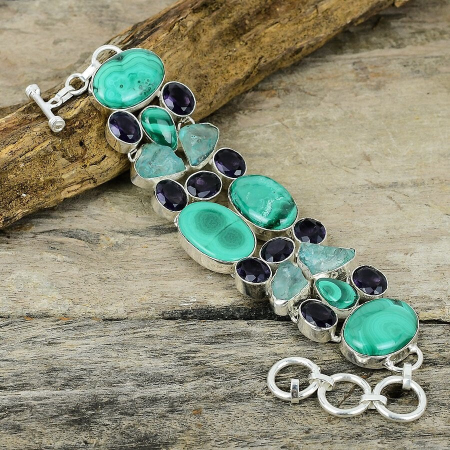 Malachite Aquamarine Raw Spinel Bracelet Silver Plated Gemstone Handmade Jewelry Adjustable Chain Healing Stone Bracelet Gift For Her