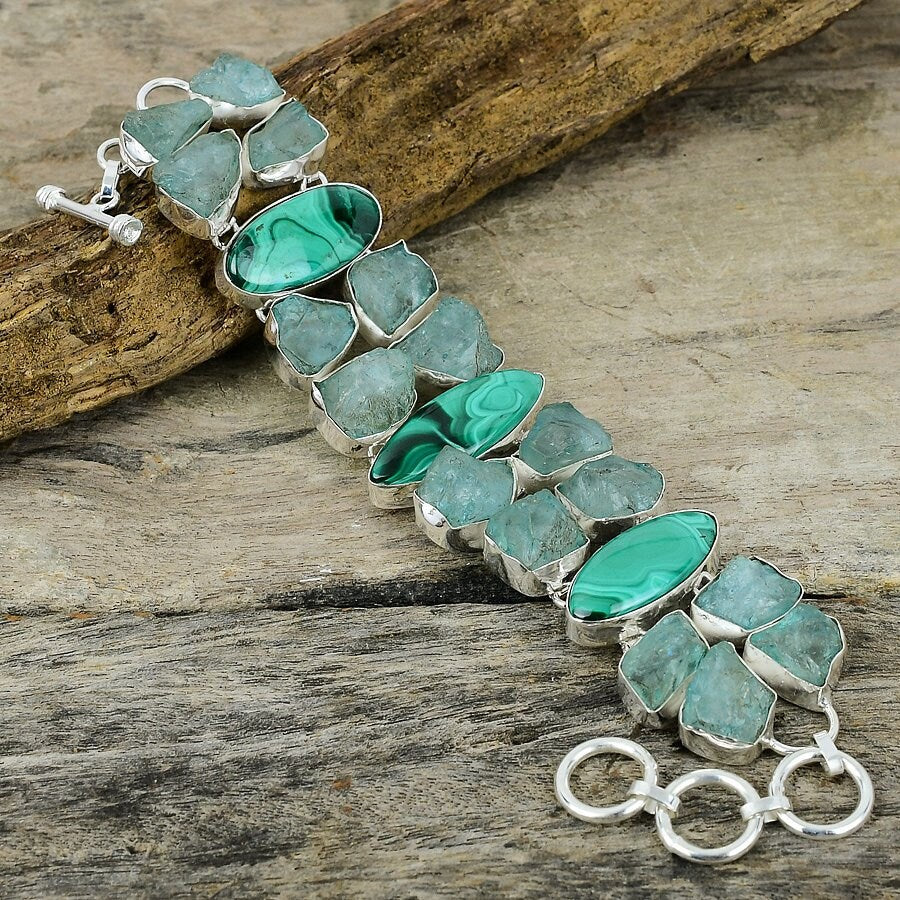 Aquamarine Rough Malachite Gemstone Silver Plated Bracelet, Adjustable Chain Bracelet, Healing Stone Jewelry, Boho Jewelry