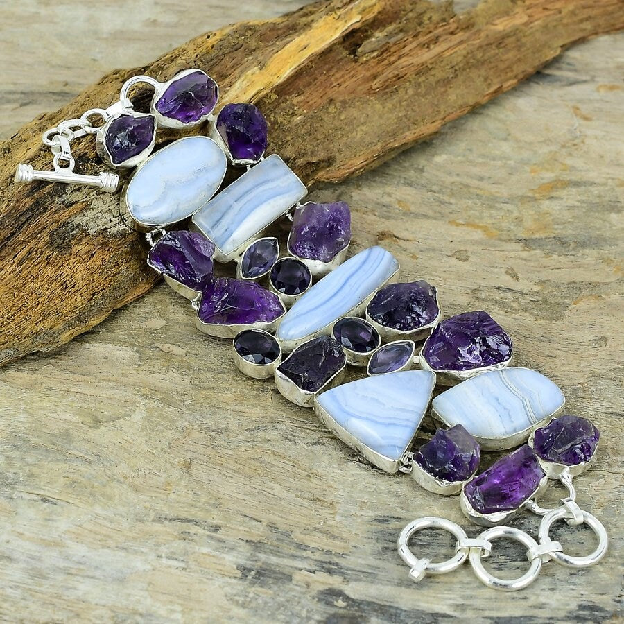 Agate Bracelet, Blue Lace Agate Amethyst Rough Bracelet Silver Plated Gemstone Jewelry Adjustable Chain Healing Stone Bracelet Gift For Her