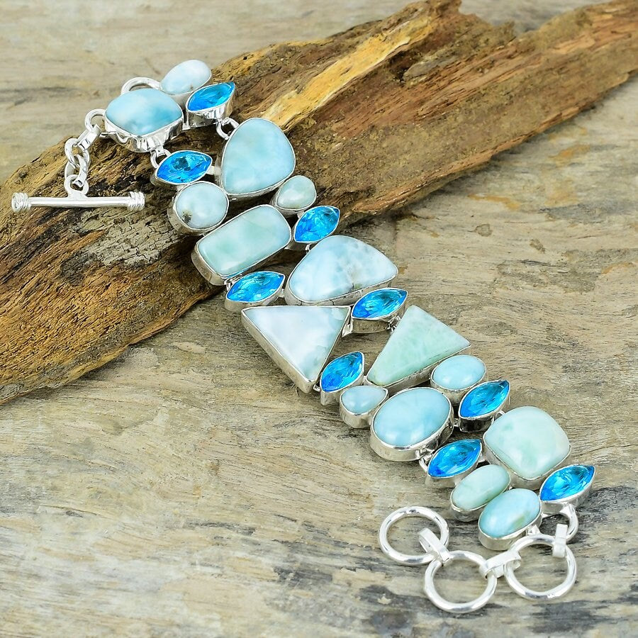 Larimar Bracelet, Larimar Blue Topaz Gemstone Silver Plated Bracelet Jewelry Adjustable Chain Healing Stone Bracelet Gift For Her