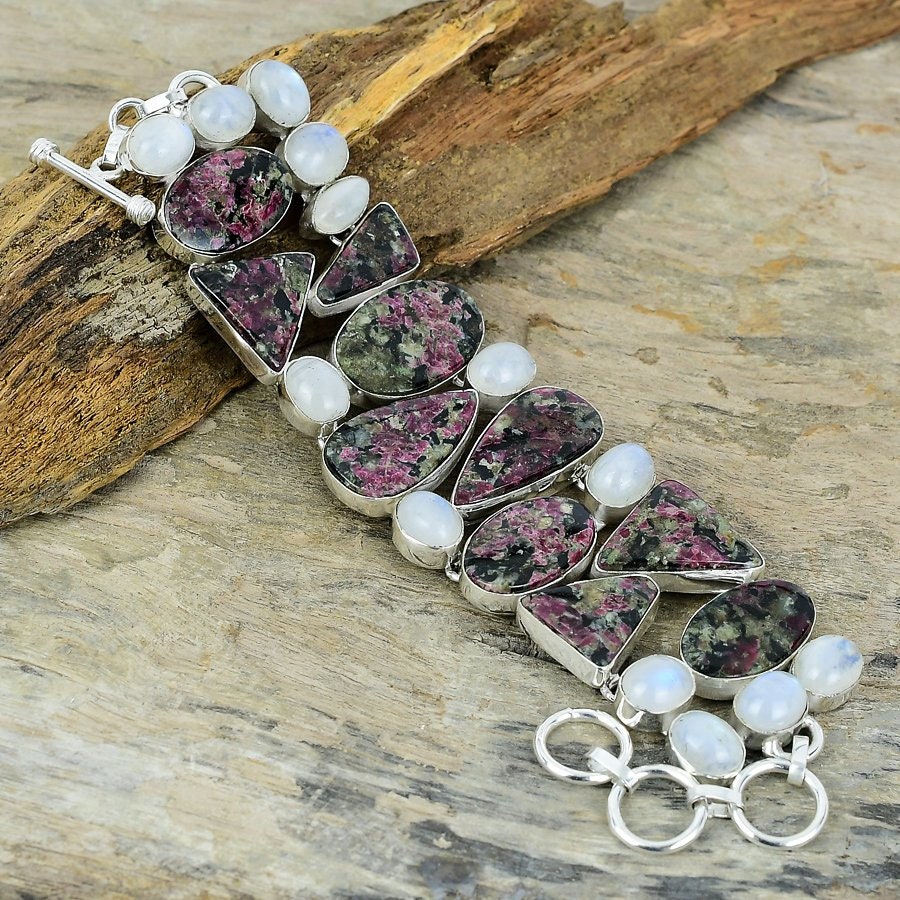 Eudialyte Bracelet, Eudialyte Rainbow Moonstone Gemstone Silver Plated Bracelet Jewelry Adjustable Chain Statement Bracelet Gift For Her