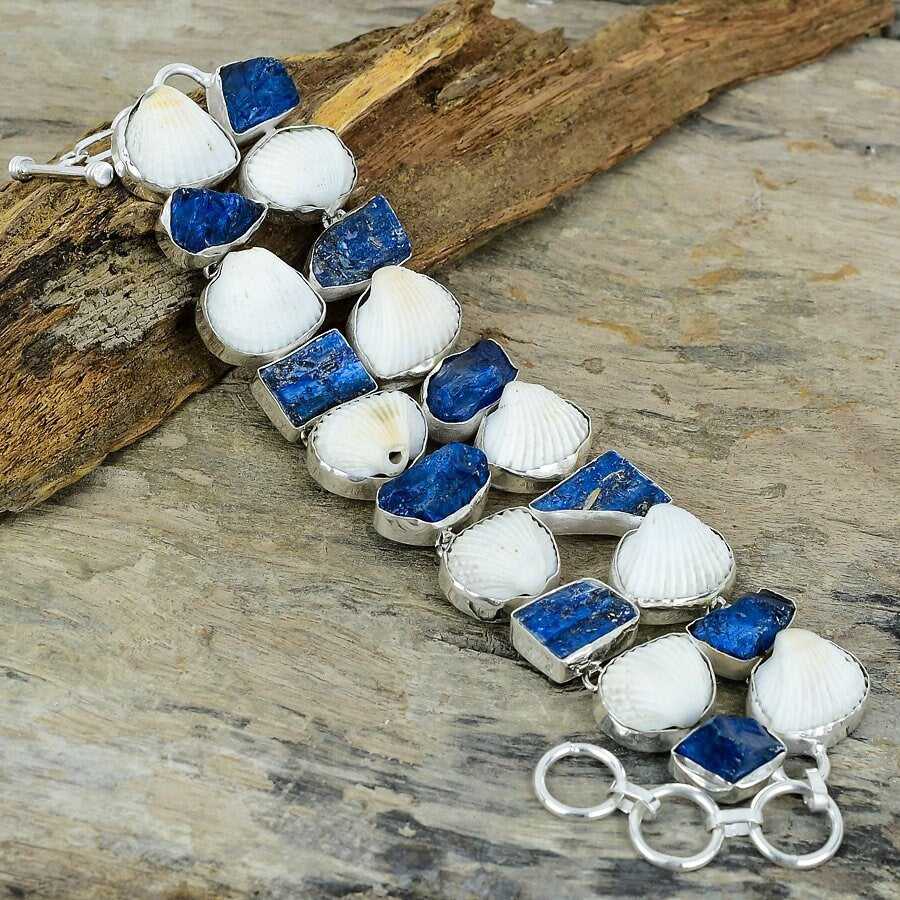 Blue Kyanite Rough & White Oyster Shell Gemstone Silver Plated Handmade Bracelet Adjustable Chain Bracelet Women Gift Jewelry