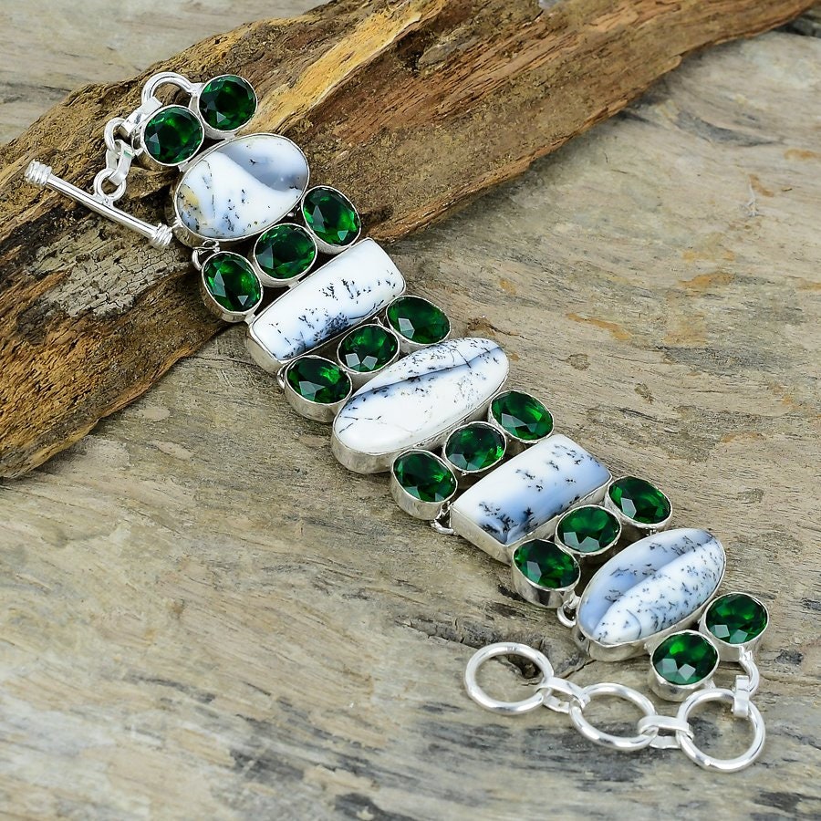 Agate Bracelet, Dendrite Agate Chrome Diopside Gemstone Silver Plated Bracelet, Party Wear Bracelet Jewelry, Adjustable Chain Bracelet