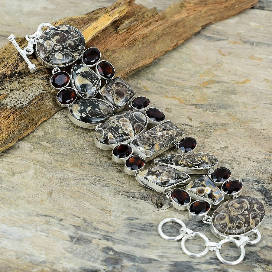 Agate Bracelet, Turritella Agate Spinel Bracelet Silver Plated Gemstone Bracelet Jewelry Adjustable Chain Unique Designer Link Bracelet