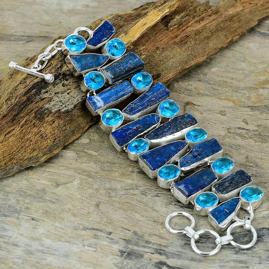 Blue Kyanite Rough And Topaz Gemstone Bracelet, Silver Plated Gemstone Bracelet, Blue Stone Bracelet, Adjustable Chain Bracelet Jewelry