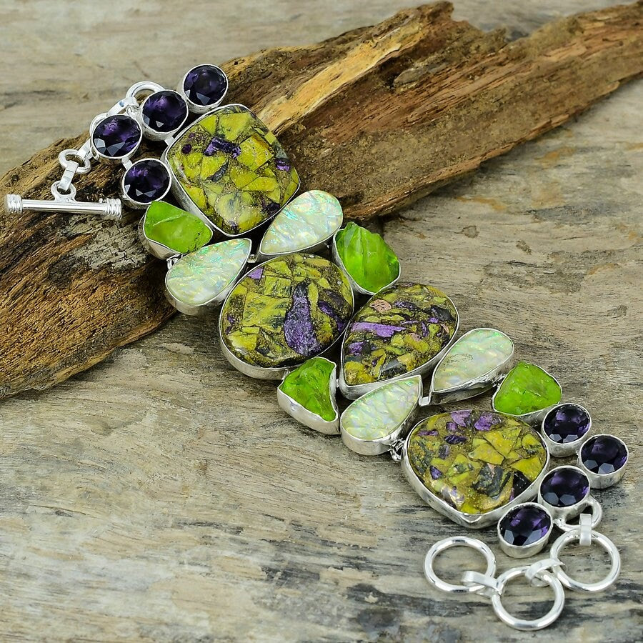 Copper Stichtite Triplet Opal Peridot Raw Amethyst Bracelet Silver Plated Gemstone Jewelry Adjustable Chain Healing Stone Bracelet Gift