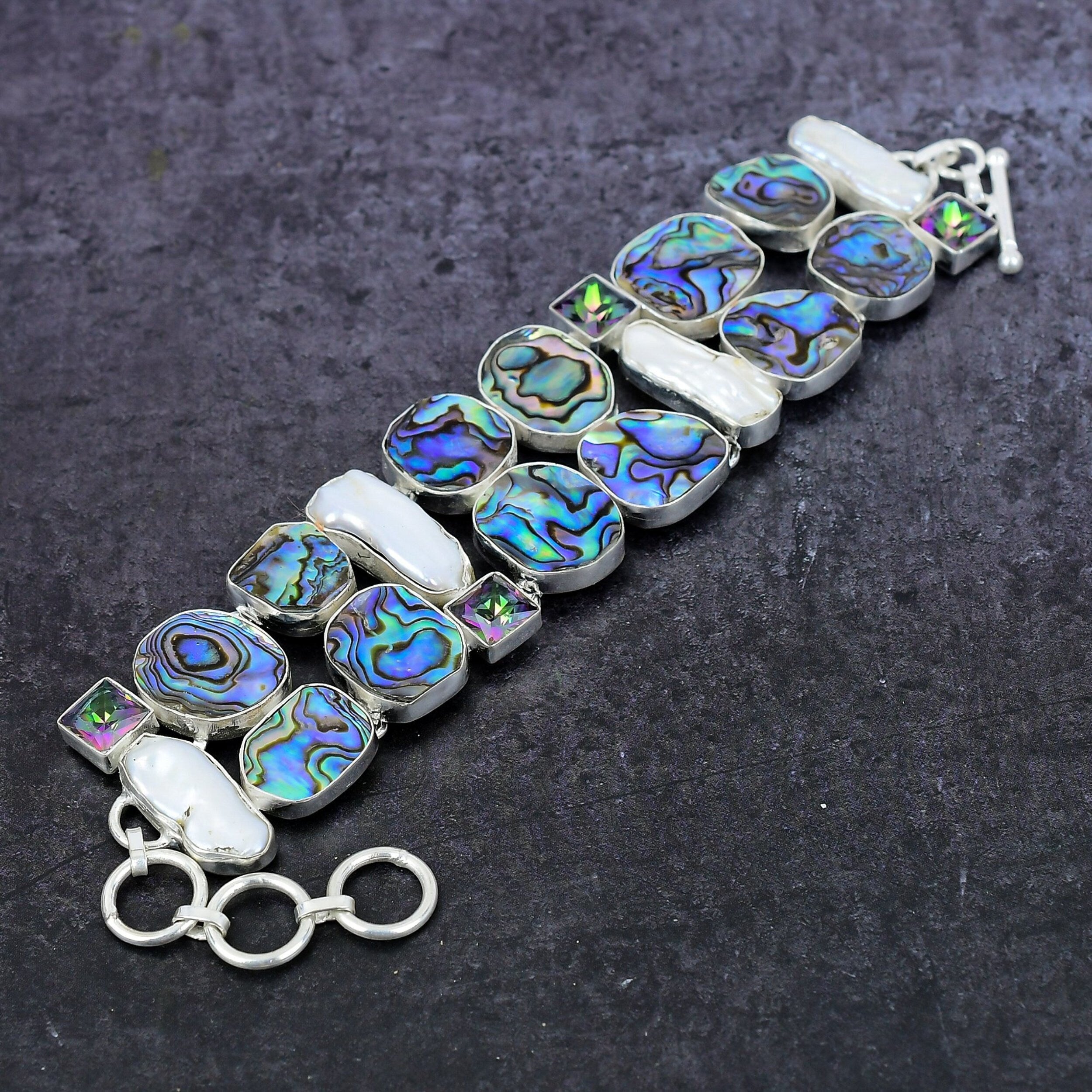 Abalone Shell Bracelet, Avalon Biwa Pearl & Topaz Silver Bracelet, Multi Color Stone Bracelet, Unique Designer Anniversary Gift For Her