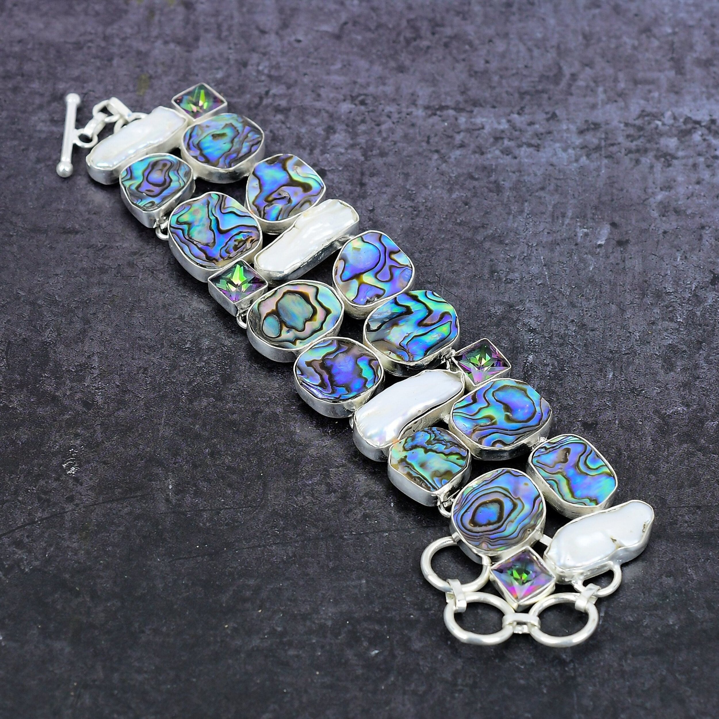 Abalone Shell Bracelet, Avalon Biwa Pearl & Topaz Silver Bracelet, Multi Color Stone Bracelet, Unique Designer Anniversary Gift For Her