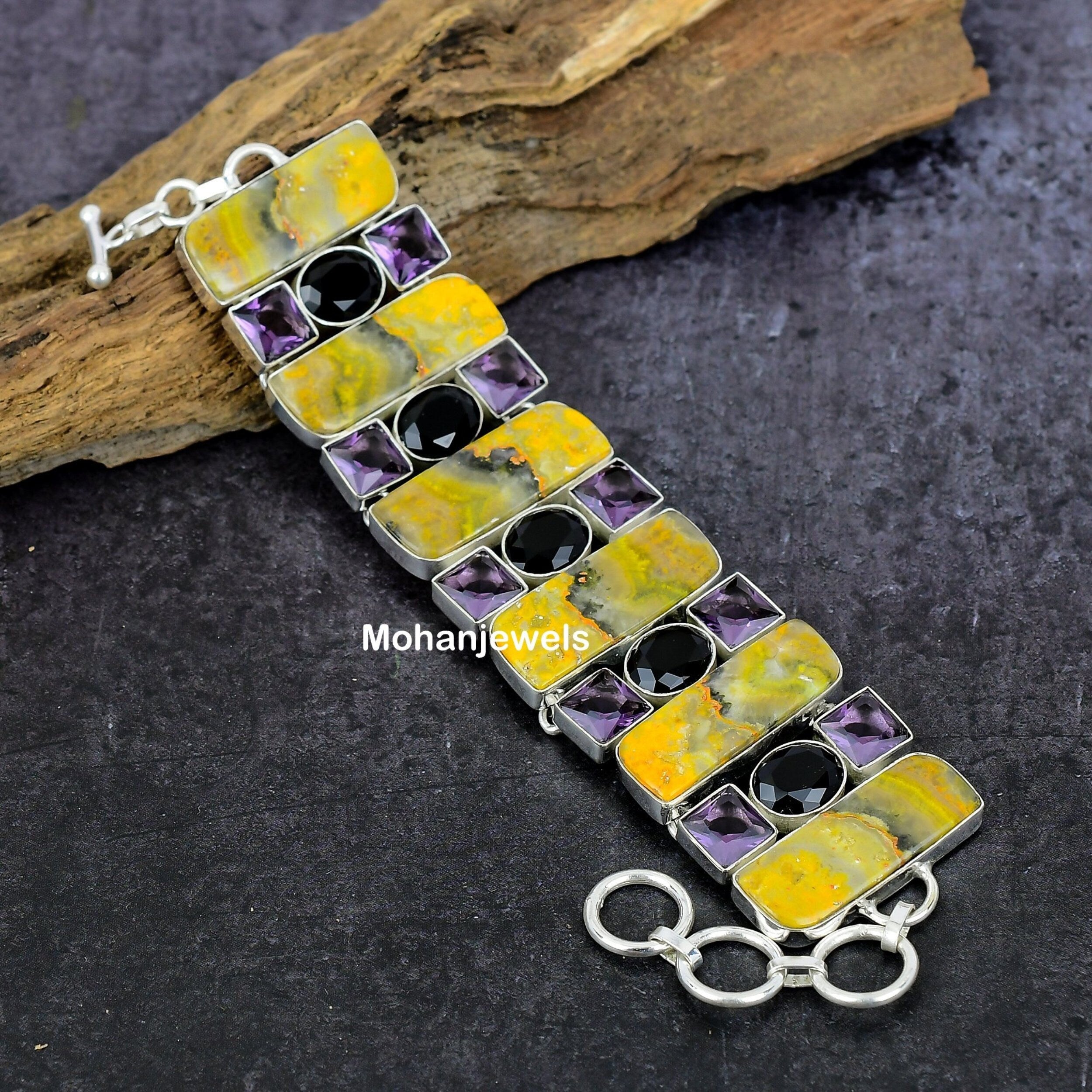 Bumble Bee Jasper Bracelet, Bumble Bee Jasper Amethyst & Onyx Silver Bracelet, Handmade Yellow Stone Statement Jewelry, Unique Gift For Her