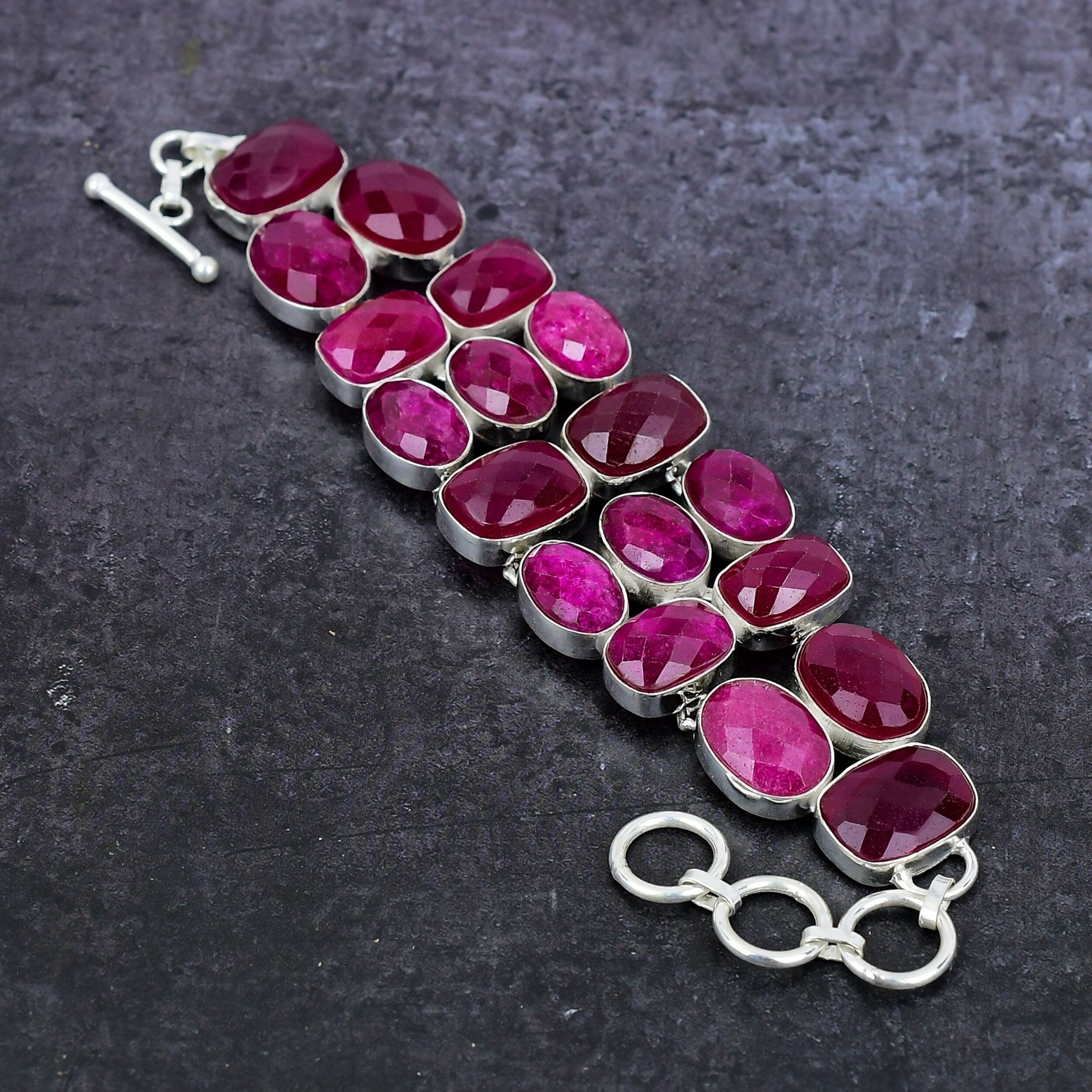 Kashmir Red Ruby Bracelet, Faceted Ruby Gemstone Silver Plated Statement Bracelet, Unique Handmade Bracelet, Natural Pink Stone For Her Gift