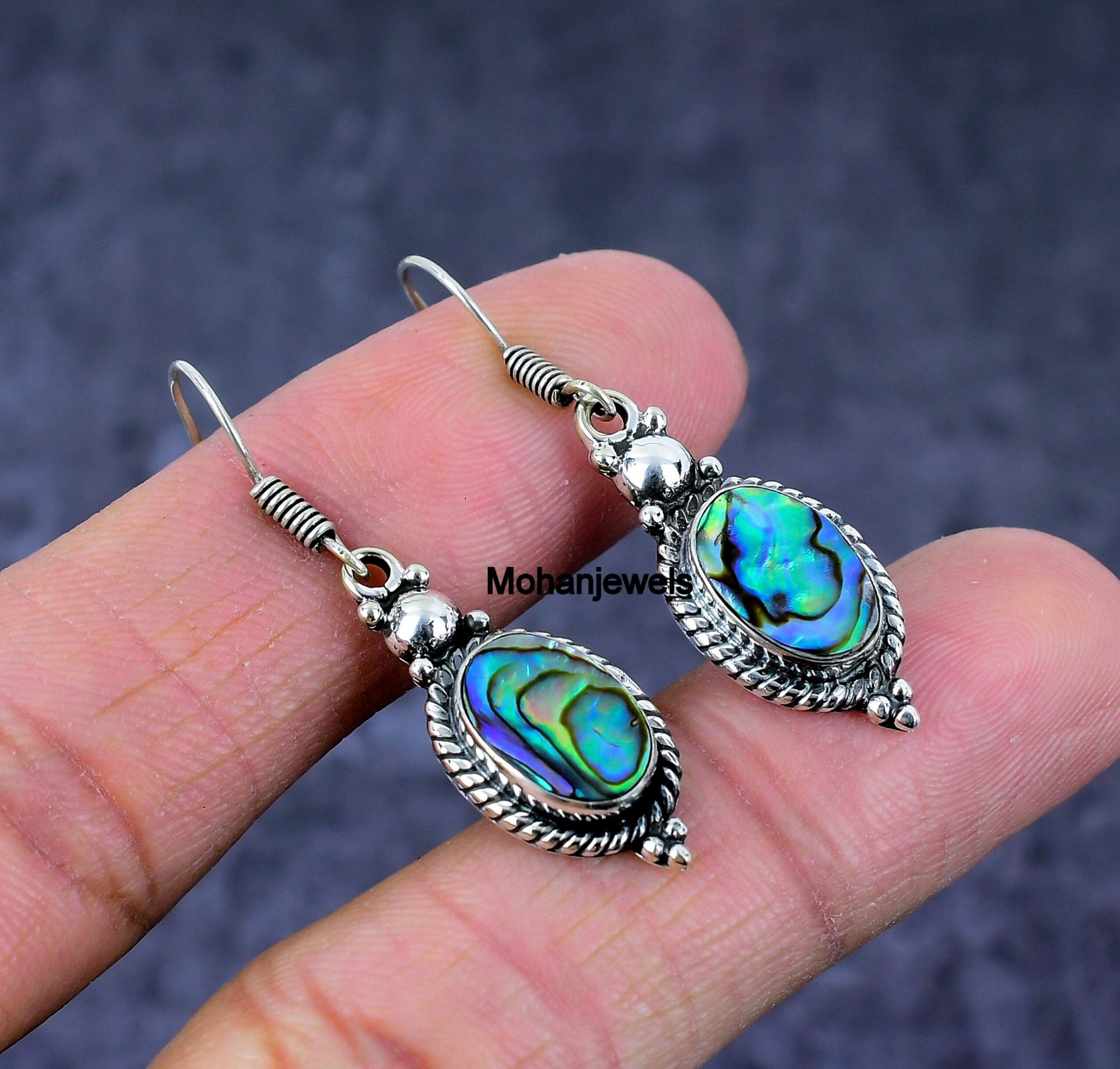 Abalone Earrings, Natural Abalone Shell Silver Earrings, Multi Stone Shimmering Avalone Jewelry, Unique Designer Anniversary Gift for Her