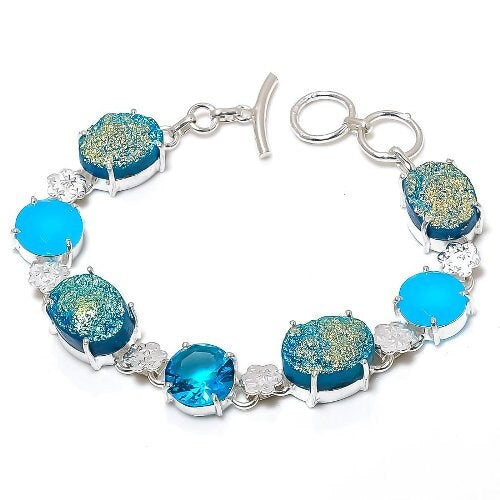 Druzy Bracelet, Blue Titanium Druzy Chalcedony & Topaz Gemstone Silver Plated Bracelet, Floral Silver Bracelet, Statement Fashion Jewelry