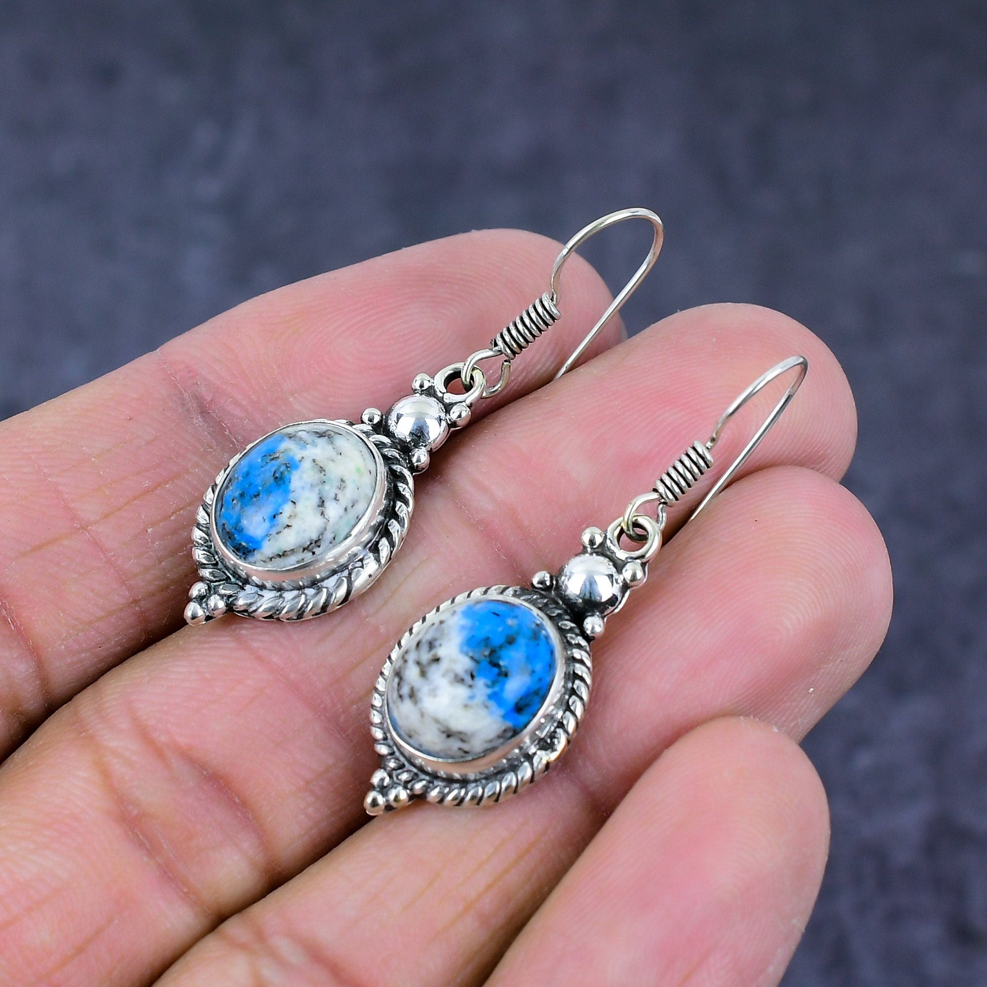 Azurite Earrings, Natural K2 Azurite Jasper Silver Jewelry Earrings, Bohemian Dangle Drop Earring, White Blue Stone, Birthday Gift Earrings