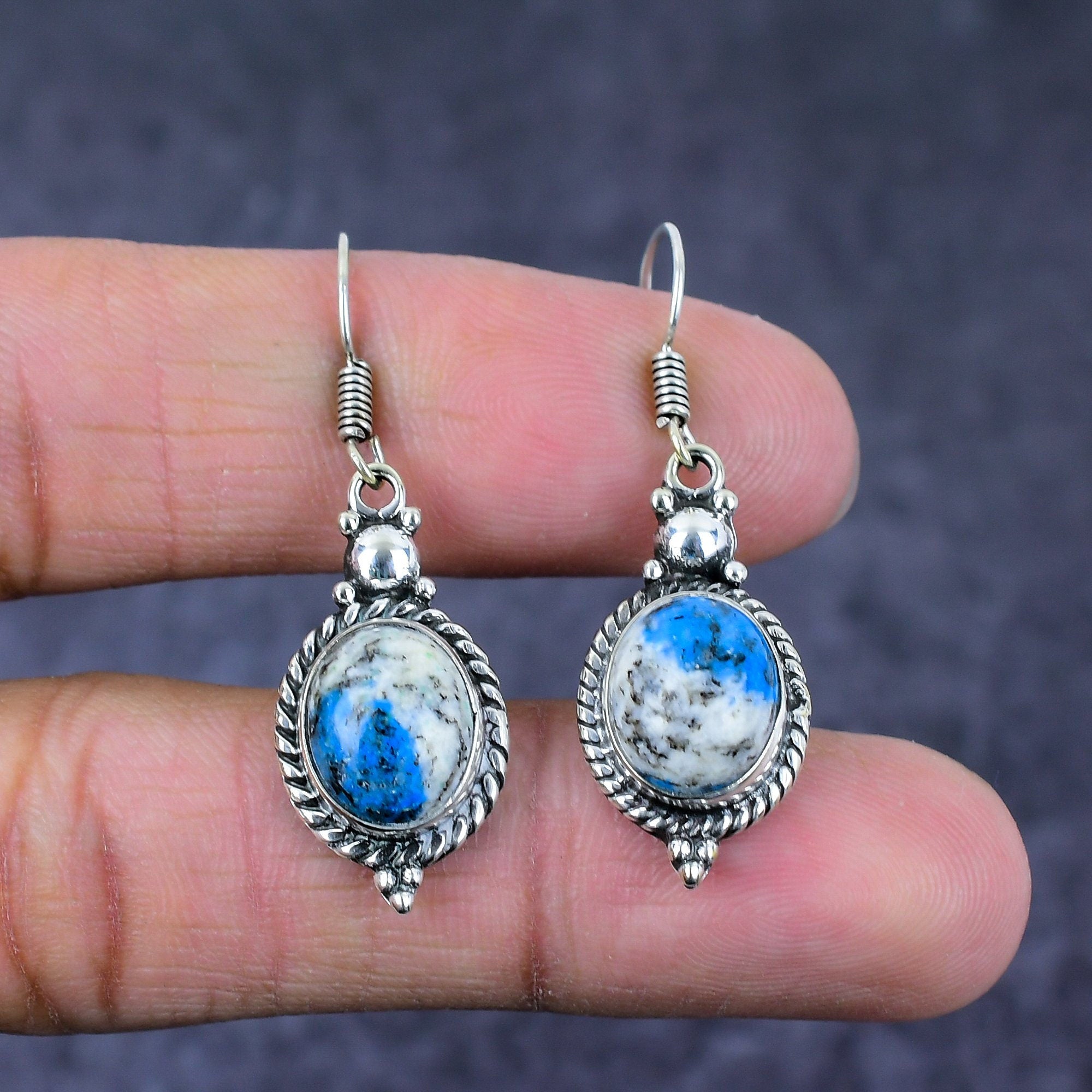 Azurite Earrings, Natural K2 Azurite Jasper Silver Jewelry Earrings, Bohemian Dangle Drop Earring, White Blue Stone, Birthday Gift Earrings