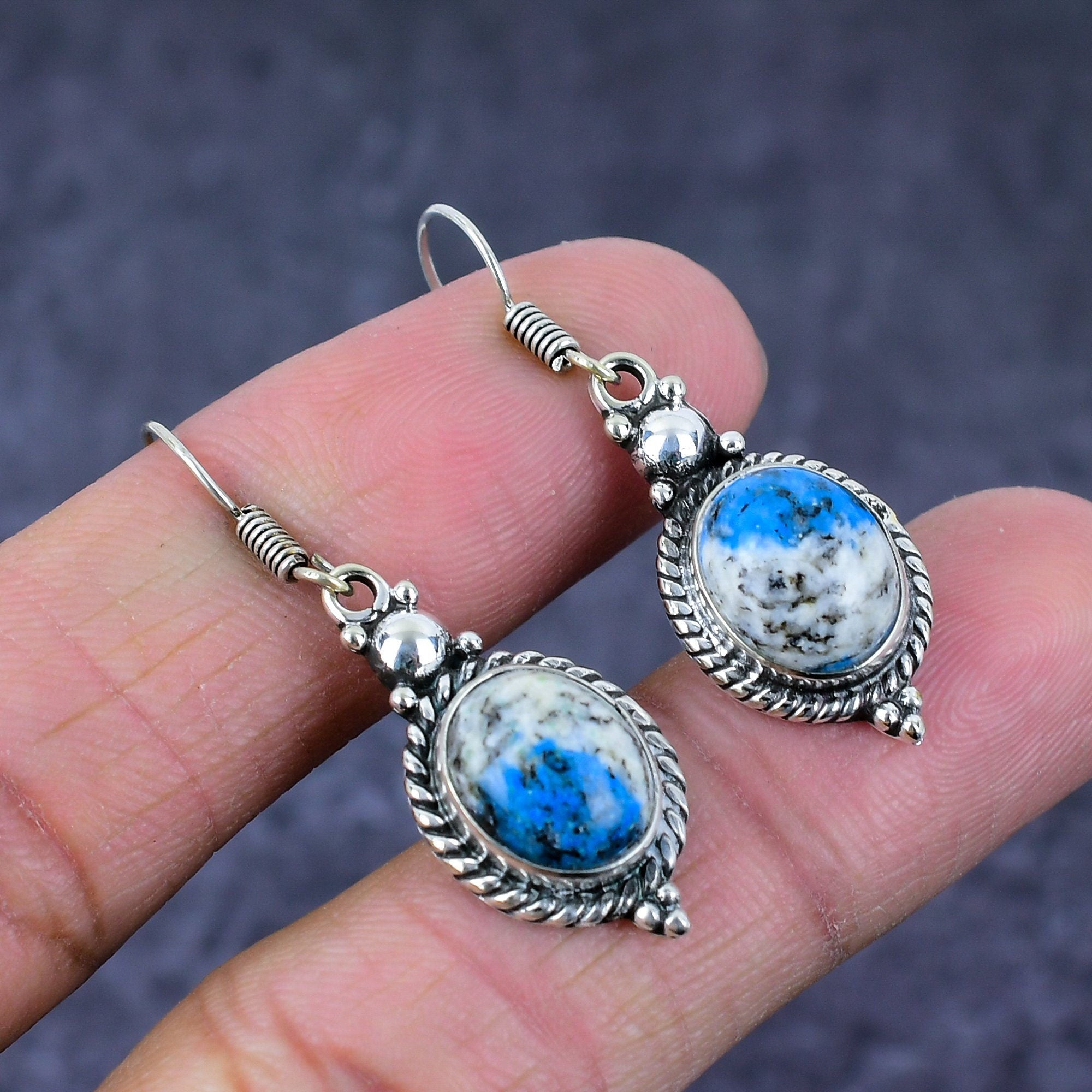 Azurite Earrings, Natural K2 Azurite Jasper Silver Jewelry Earrings, Bohemian Dangle Drop Earring, White Blue Stone, Birthday Gift Earrings