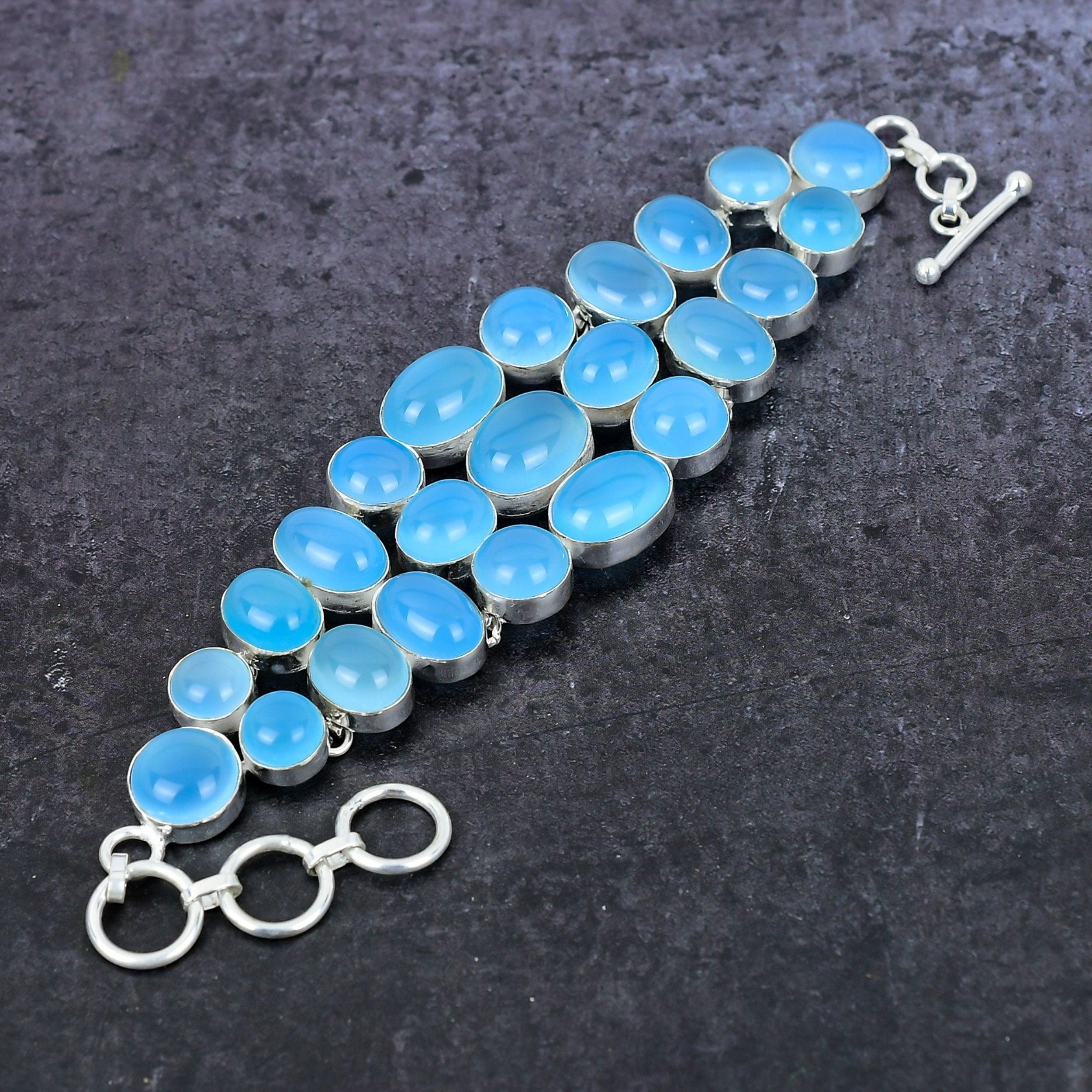 Chalcedony Bracelet, Blue Chalcedony Gemstone Silver Plated Adjustable Chain Bracelet Women Wedding Anniversary Gift For Her