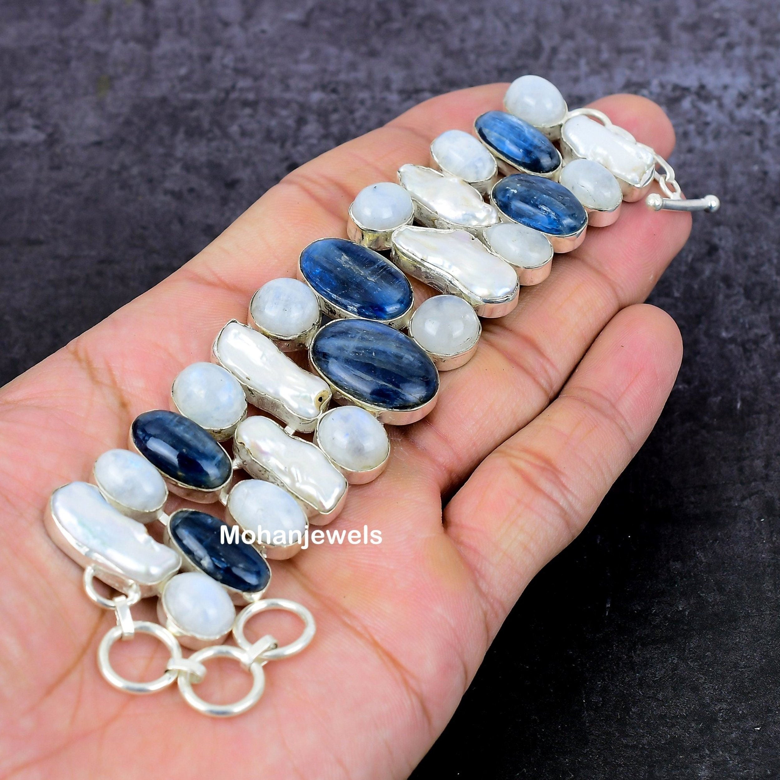 Kyanite with Ranbow Moonstone & Biwa Pearl Gemstone Silver Plated Adjustable Chain Bracelet Women Wedding Anniversary Gift For Her