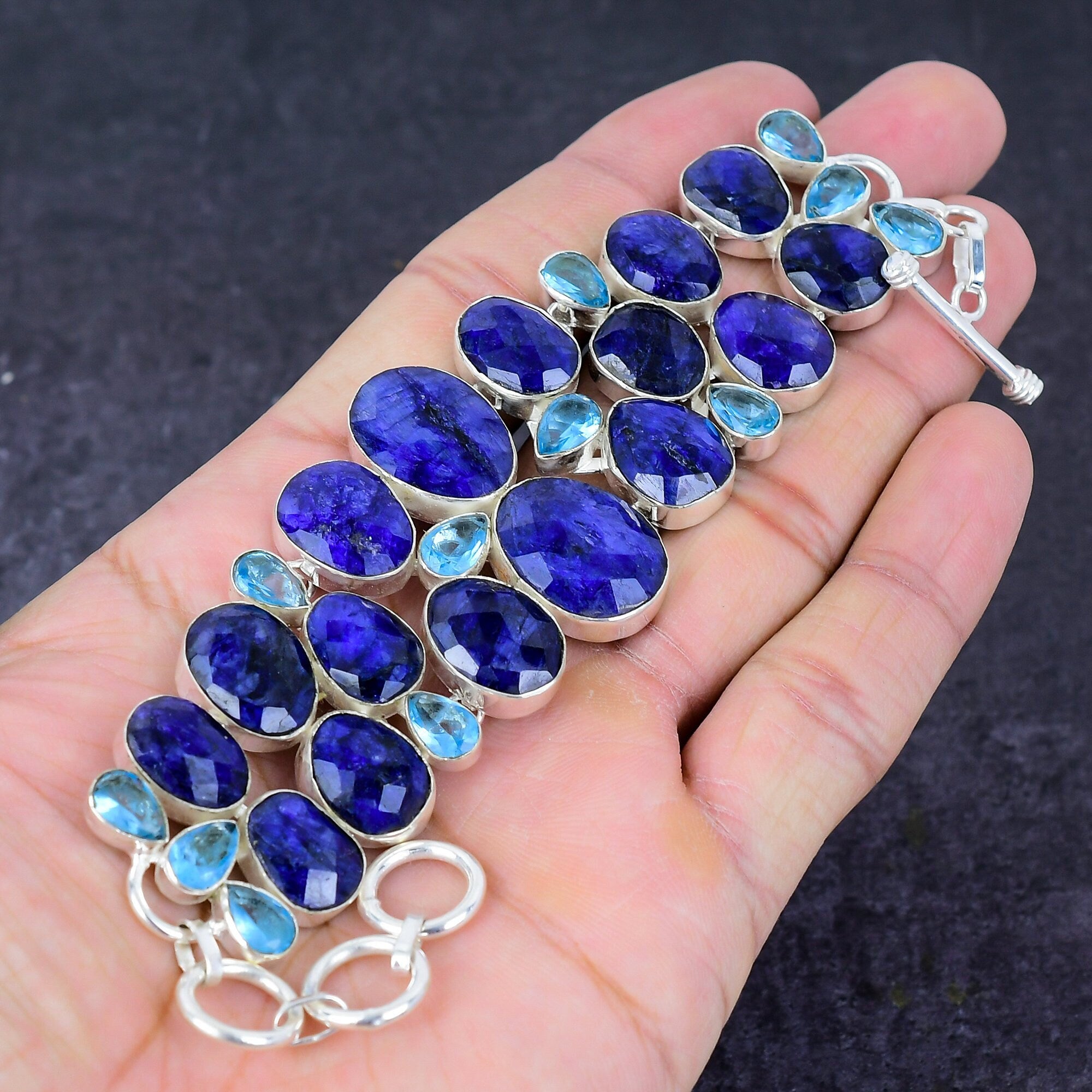 Blue Sapphire Necklace Bracelet, Blue Sapphire & Quartz Gemstone Silver Plated Adjustable Designer Necklace Bracelet Jewelry Set