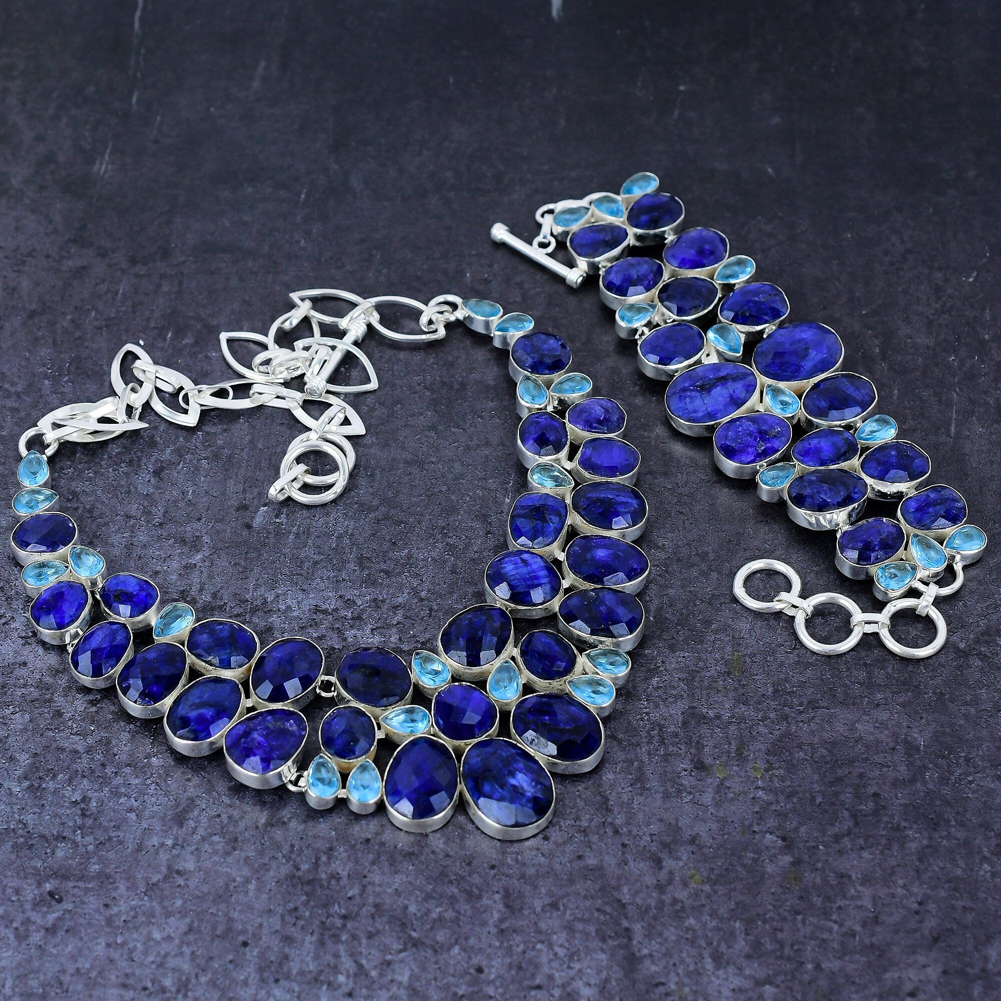 Blue Sapphire Necklace Bracelet, Blue Sapphire & Quartz Gemstone Silver Plated Adjustable Designer Necklace Bracelet Jewelry Set