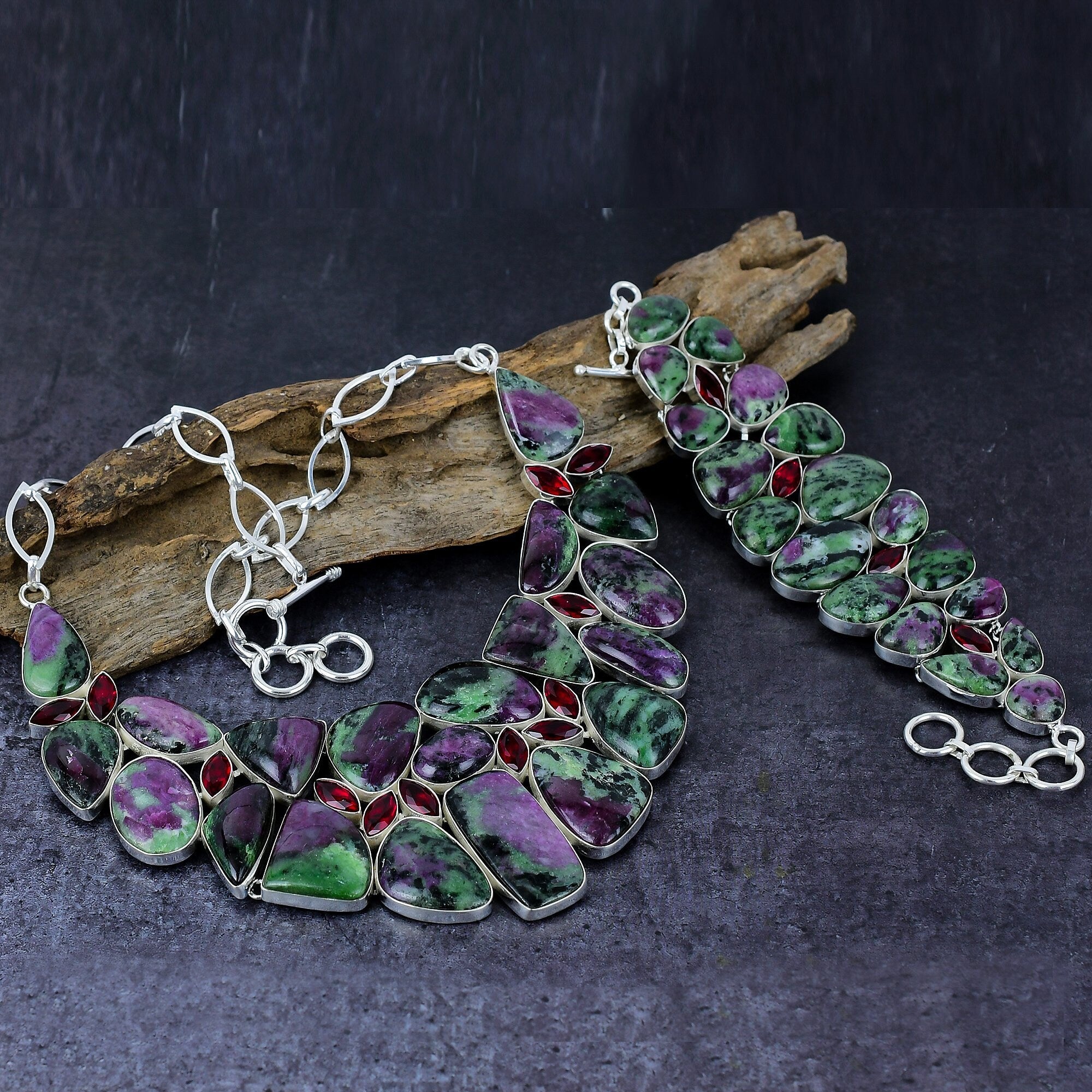 Ruby Zoisite Necklace Bracelet, Ruby Zoisite & Quartz Gemstone Silver Plated Adjustable Designer Necklace Bracelet Jewelry Set