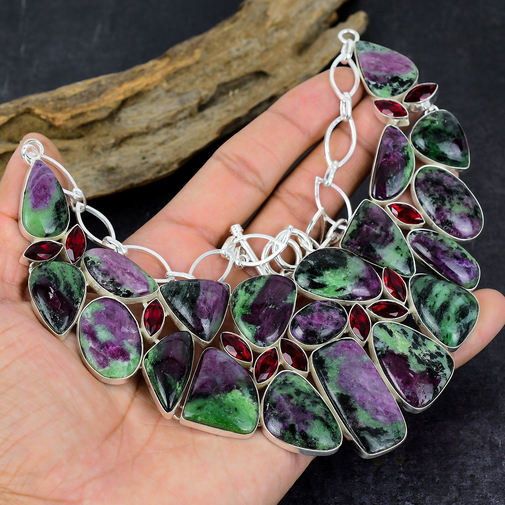 Ruby Zoisite Necklace Bracelet, Ruby Zoisite & Quartz Gemstone Silver Plated Adjustable Designer Necklace Bracelet Jewelry Set