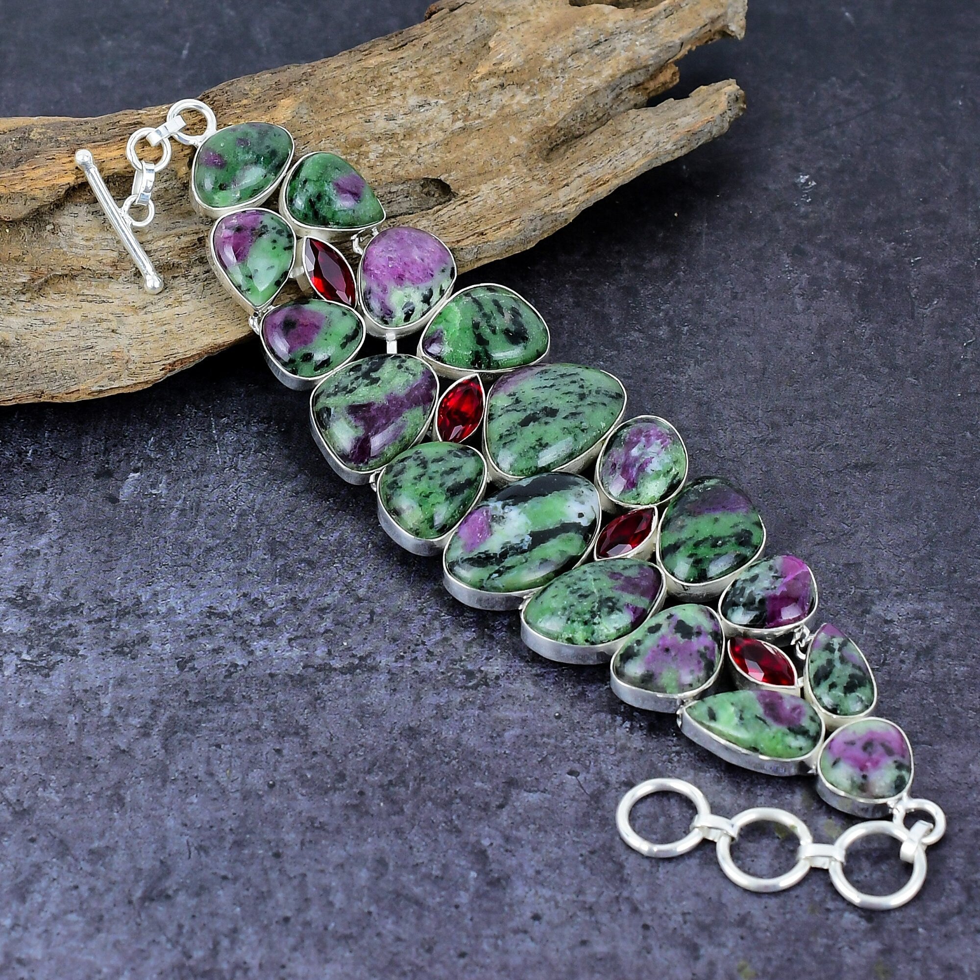 Ruby Zoisite Necklace Bracelet, Ruby Zoisite & Quartz Gemstone Silver Plated Adjustable Designer Necklace Bracelet Jewelry Set