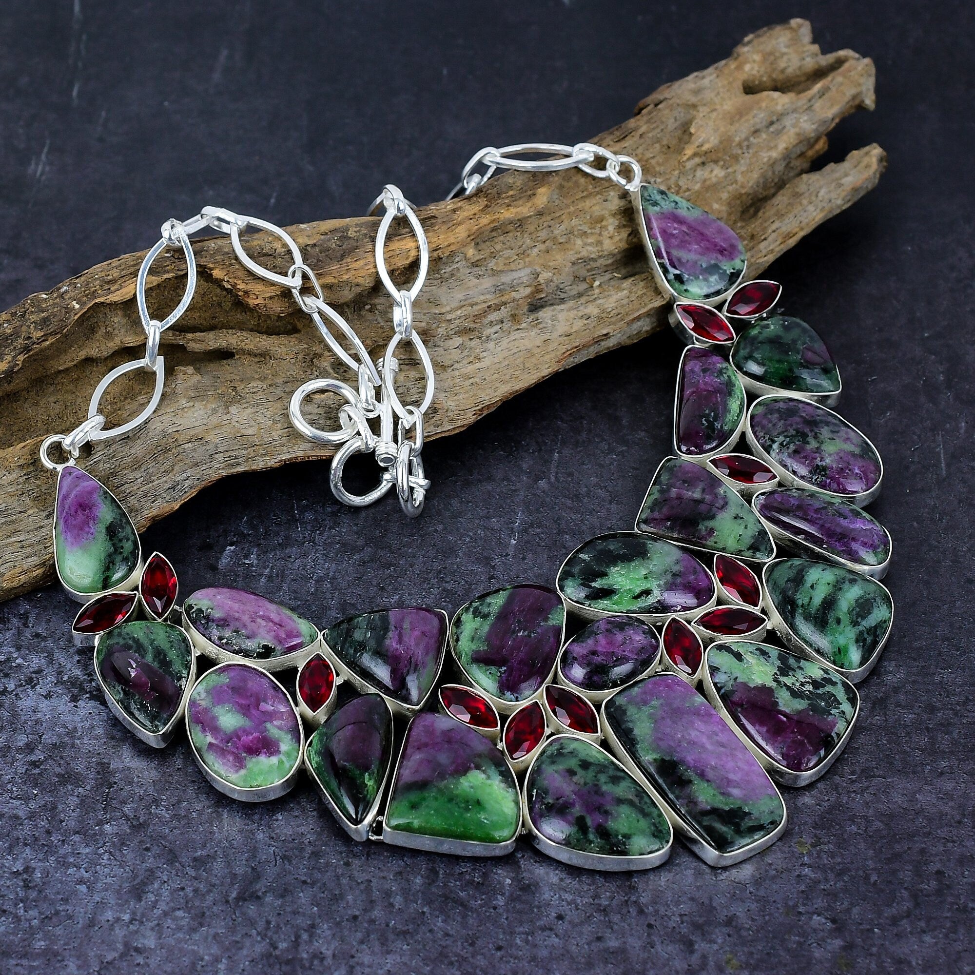 Ruby Zoisite Necklace Bracelet, Ruby Zoisite & Quartz Gemstone Silver Plated Adjustable Designer Necklace Bracelet Jewelry Set