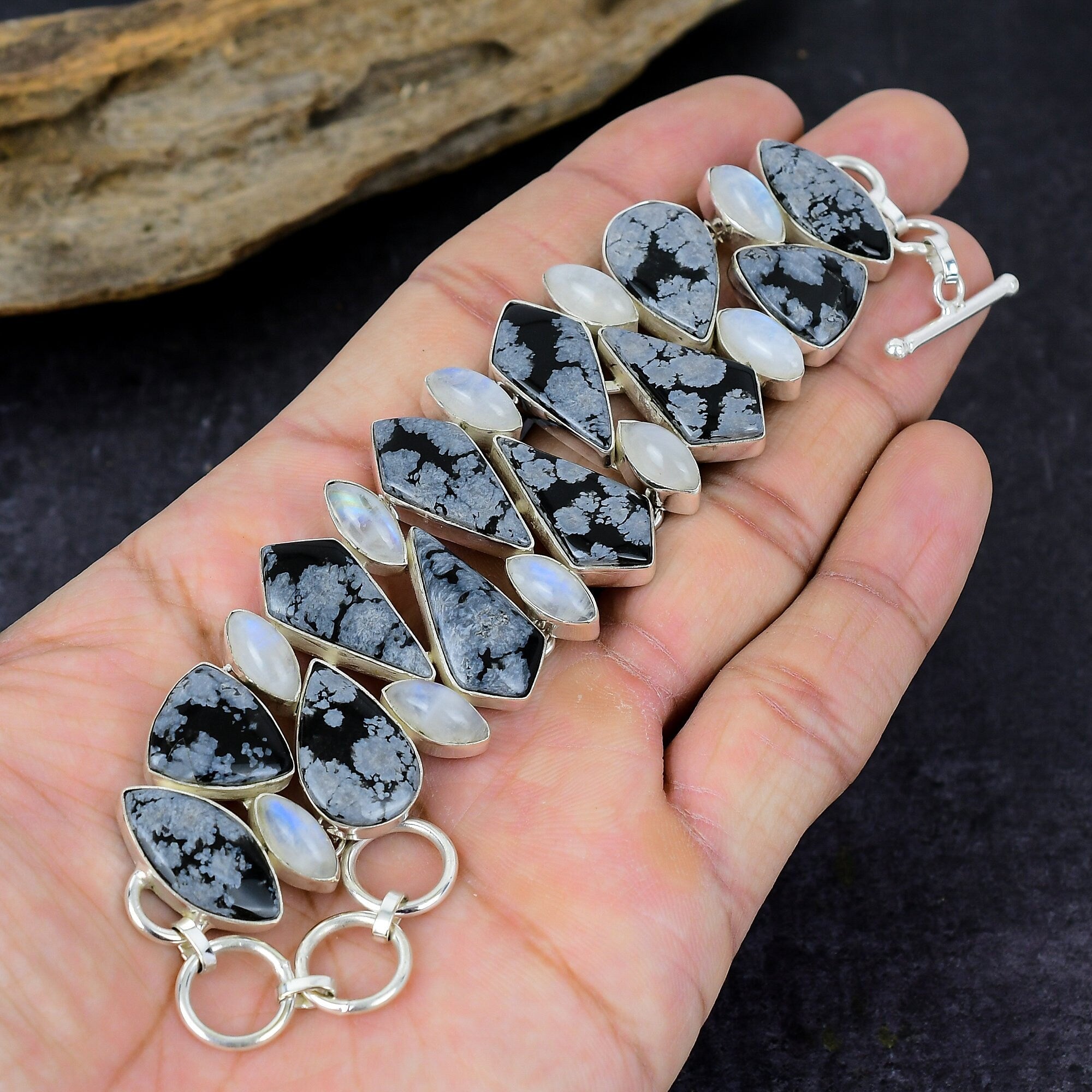 Snowflake Obsidian Rainbow Moonstone Gemstone Silver Plated Adjustable Designer Necklace Bracelet Handmade Jewelry Set Gift For Her