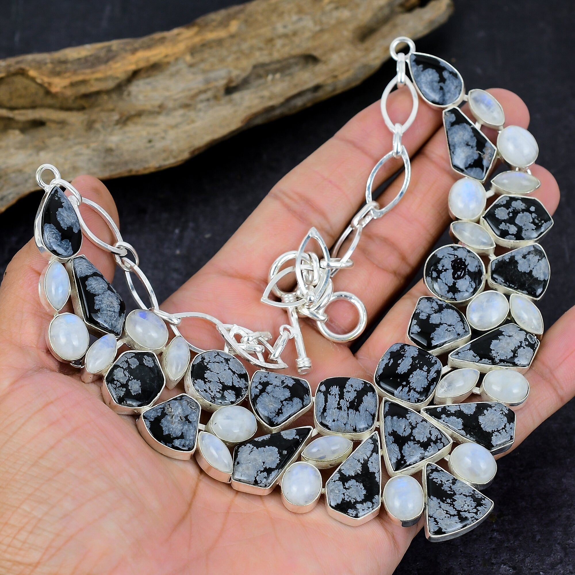 Snowflake Obsidian Rainbow Moonstone Gemstone Silver Plated Adjustable Designer Necklace Bracelet Handmade Jewelry Set Gift For Her