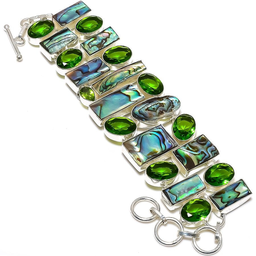 Abalone Shell Peridot Gemstone Bracelet Silver Plated Adjustable Chain Bracelet Vintage Jewelry Handmade Artisan Jewelry Women Gift