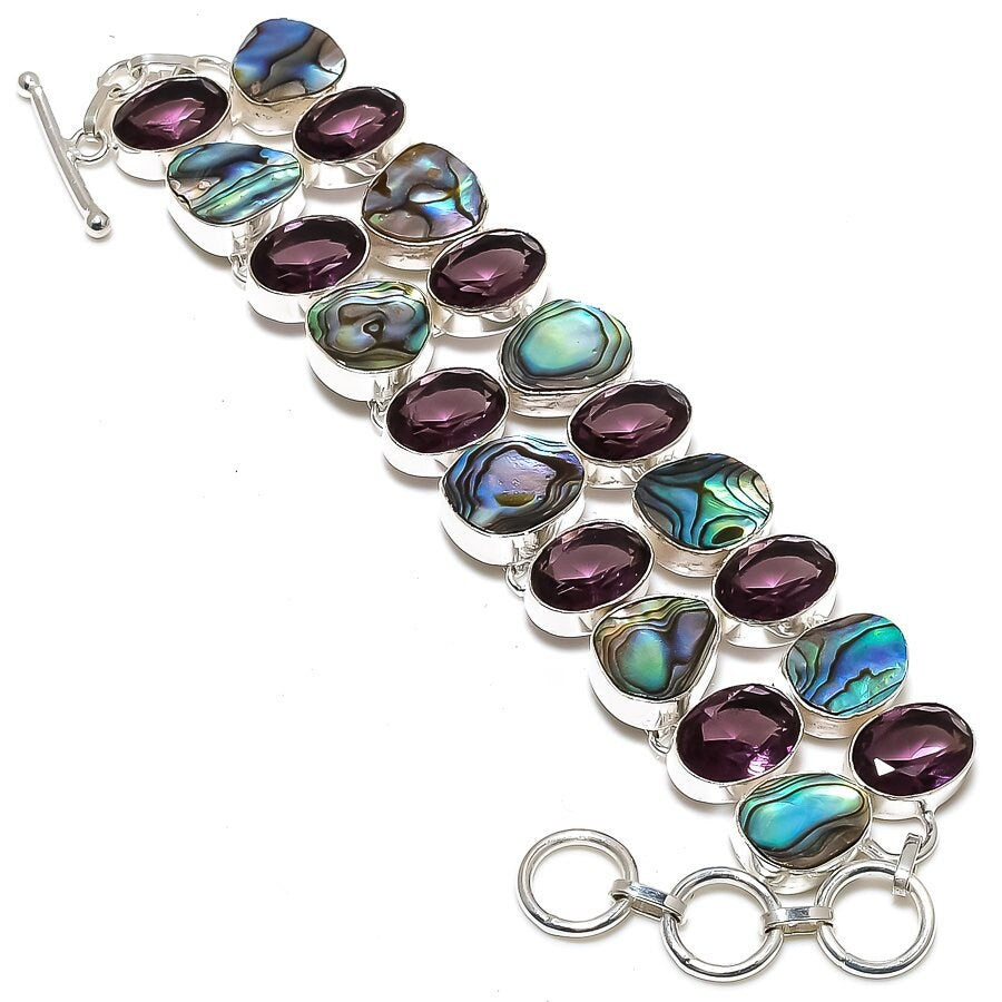 Abalone Shell Bracelet, Abalone Shell Amethyst Gemstone Silver Plated Adjustable Chain Bracelet Women Wedding Anniversary Gift For Her