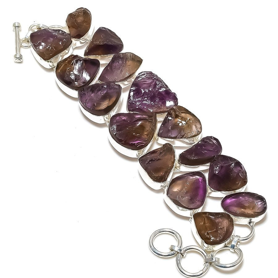 Ametrine Raw Bracelet, Ametrine Rough Gemstone Silver Plated Adjustable Chain Bracelet Statement Jewelry, Anxiety Jewelry