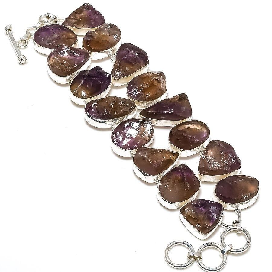 Ametrine Raw Bracelet, Ametrine Rough Gemstone Silver Plated Adjustable Chain Bracelet Statement Jewelry, Anxiety Jewelry