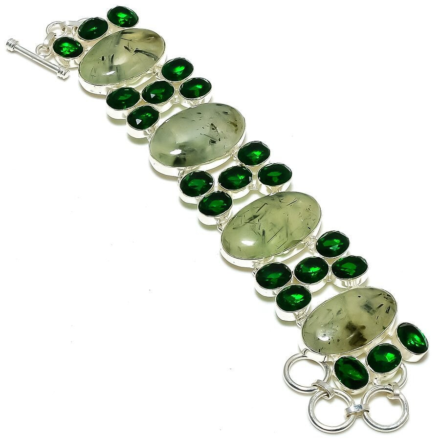 Moss Prehnite Chrome Diopside Silver Plated Bracelet, Unique Bracelet, Handmade Chunky Bracelet, Fashion Jewelry, Gift For Her