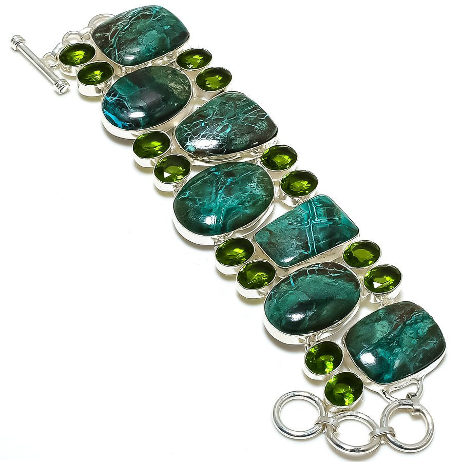 Chrysocolla Bracelet, Chrysocolla Peridot Gemstone Silver Plated Adjustable Chain Bracelet, Handmade Antique Jewelry for Women