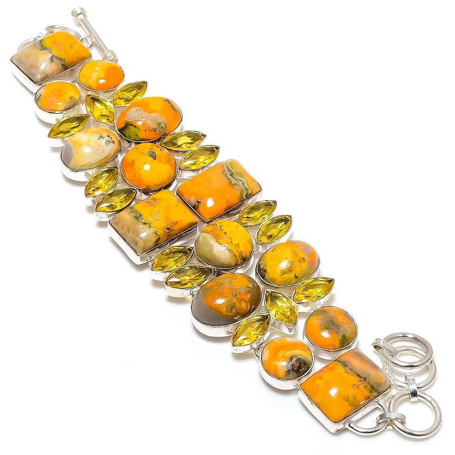 Bumble Bee Jasper Bracelet Natural Bumble Bee Jasper Citrine Gemstone Silver Plated Adjustable Chain Bracelet Unique Designer Jewelry