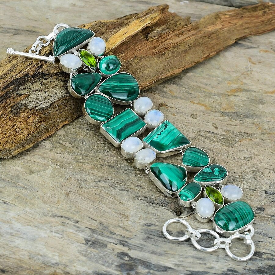 Malachite Rainbow Moonstone Bracelet Silver Plated Gemstone Handmade Jewelry Adjustable Chain Healing Stone Bracelet Gift For Her