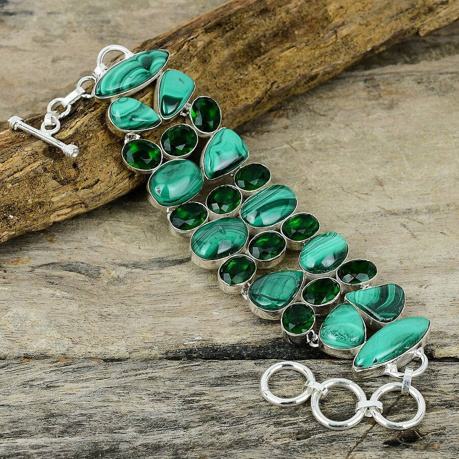 Malachite Chrome Diopside Bracelet Silver Plated Gemstone Handmade Green Stone Handmade Boho Bracelet Jewelry, Healing Stone Jewelry