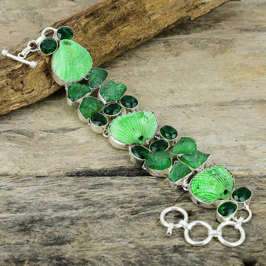 Chrome Diopside Rough Oyster Shell Bracelet Silver Plated Gemstone Handmade Jewelry Adjustable Chain Healing Stone Bracelet Gift For Her