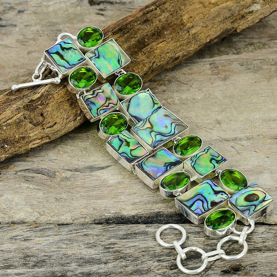 Abalone Shell Peridot Bracelet Silver Plated Gemstone Bracelet, Bohemian Jewelry, Women Statement Bracelet, Gift for Her