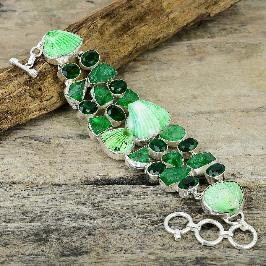 Chrome Diopside Rough Oyster Shell Bracelet Silver Plated Gemstone Handmade Jewelry Adjustable Chain Healing Stone Bracelet Gift For Her