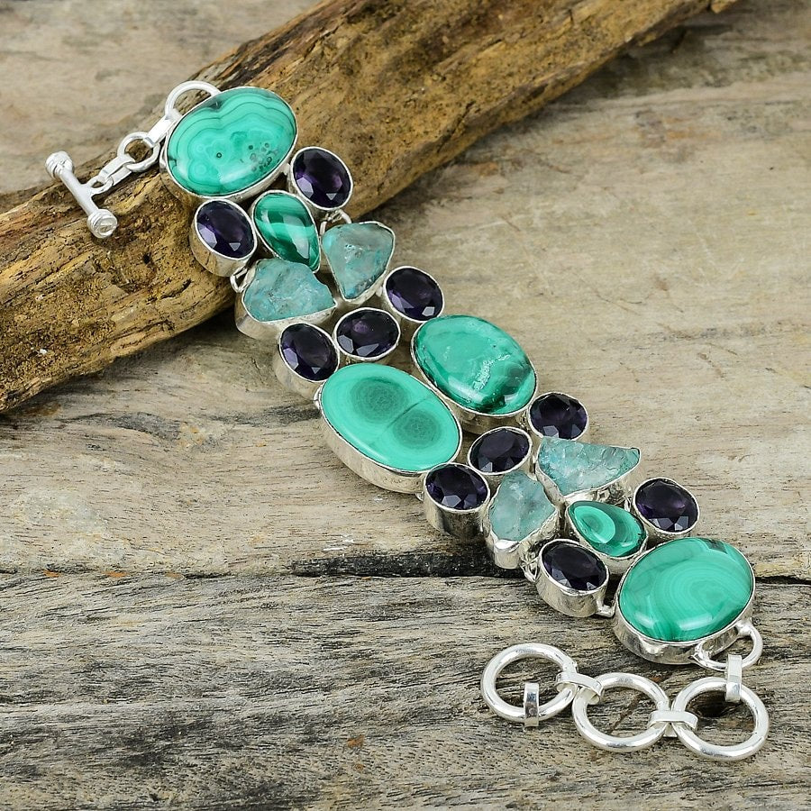 Malachite Aquamarine Raw Spinel Bracelet Silver Plated Gemstone Handmade Jewelry Adjustable Chain Healing Stone Bracelet Gift For Her